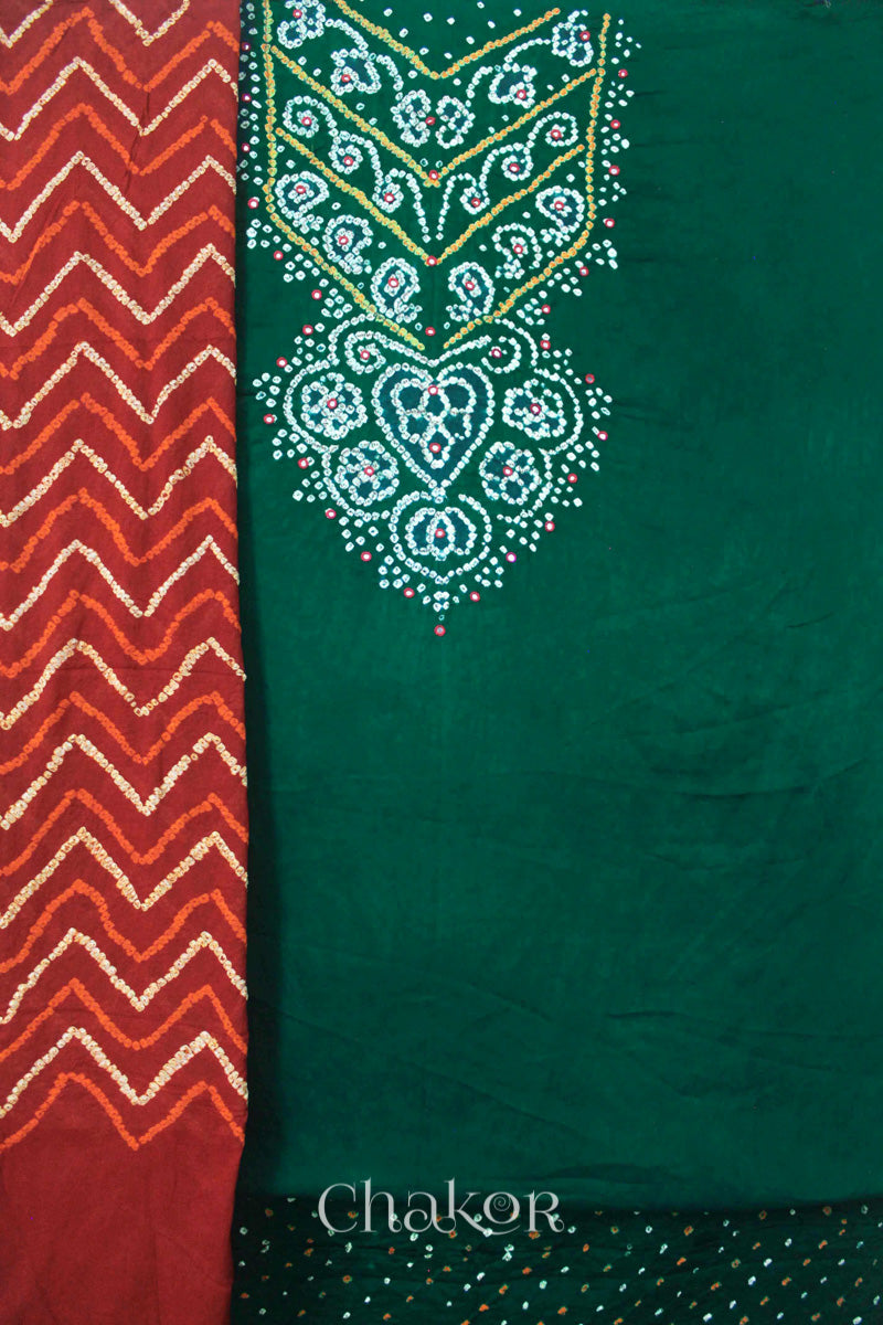 Chakor's Green Red Bandhani Cotton embroidered Kurta Fabric With Dupatta. 