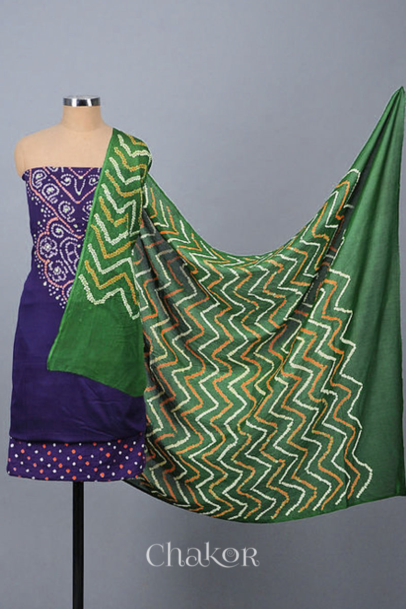 Chakor's Purple Mehendi Green Bandhani Cotton embroidered Kurta Fabric With Dupatta. 