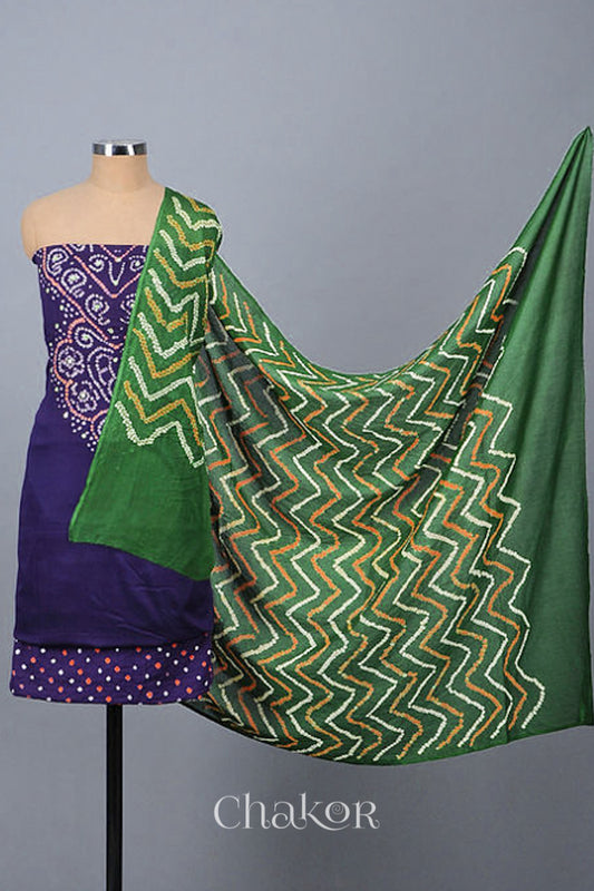 Chakor's Purple Mehendi Green Bandhani Cotton embroidered Kurta Fabric With Dupatta. 