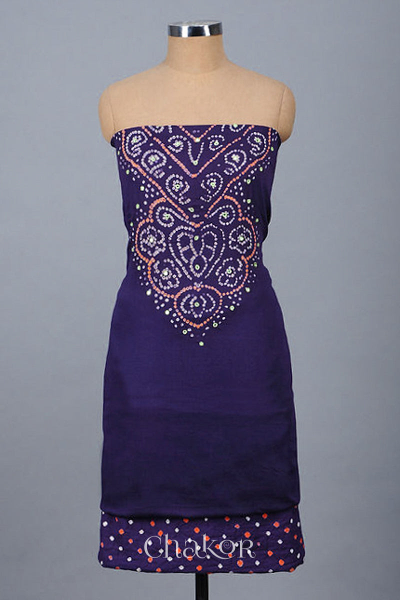 Chakor's Purple Mehendi Green Bandhani Cotton embroidered Kurta Fabric With Dupatta. 