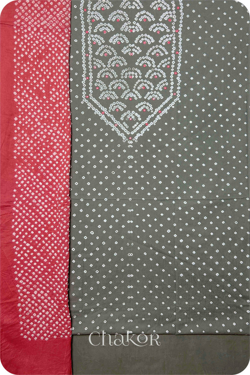  Cement Grey Bandhani Cotton Kurta Set Fabric With Dusty Red Dupatta for Women's clothing online by Chakor.
