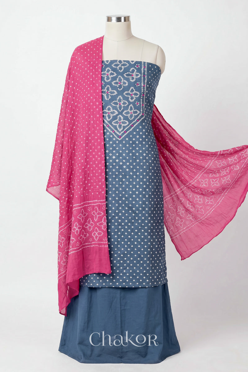 Grey Kutch Bandhani cotton unstitched suit set, mirror work kurta with Pink mulmul cotton dupatta.
