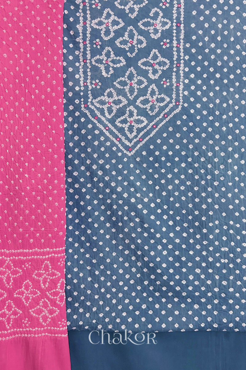 Grey Bandhani cotton kurta fabric with matching bottom and Pink Bandhani dupatta.

