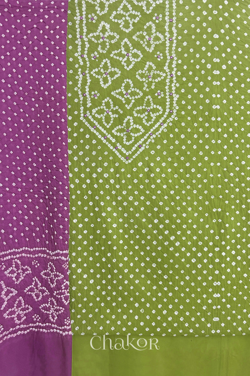 Green Bandhani cotton kurta fabric with matching bottom and Mauve Bandhani dupatta.
