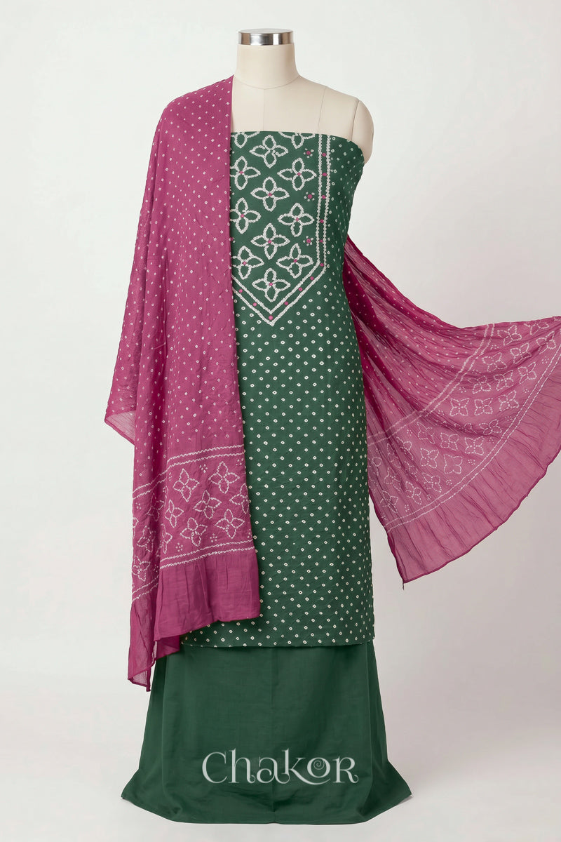 Moss Green Kutch Bandhani cotton unstitched suit set, mirror work kurta with Old Rose mulmul cotton dupatta.
