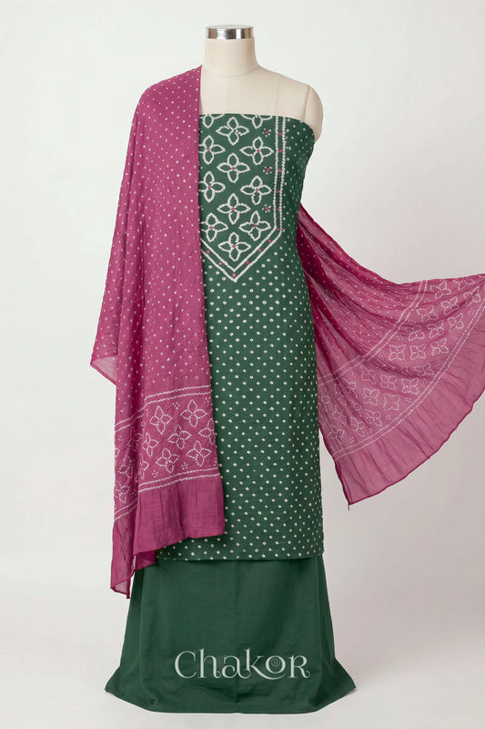Moss Green Kutch Bandhani cotton unstitched suit set, mirror work kurta with Old Rose mulmul cotton dupatta.
