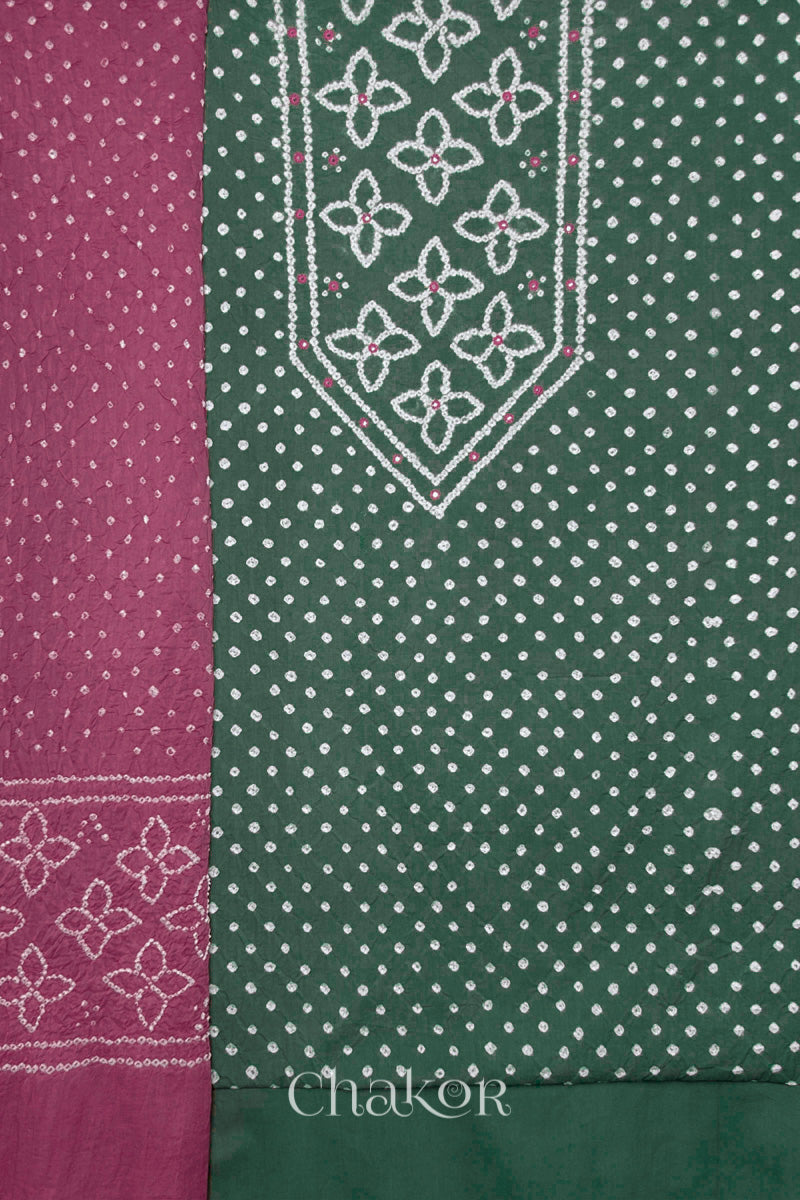 Moss Green Bandhani cotton kurta fabric with matching bottom and Old Rose Bandhani dupatta.
