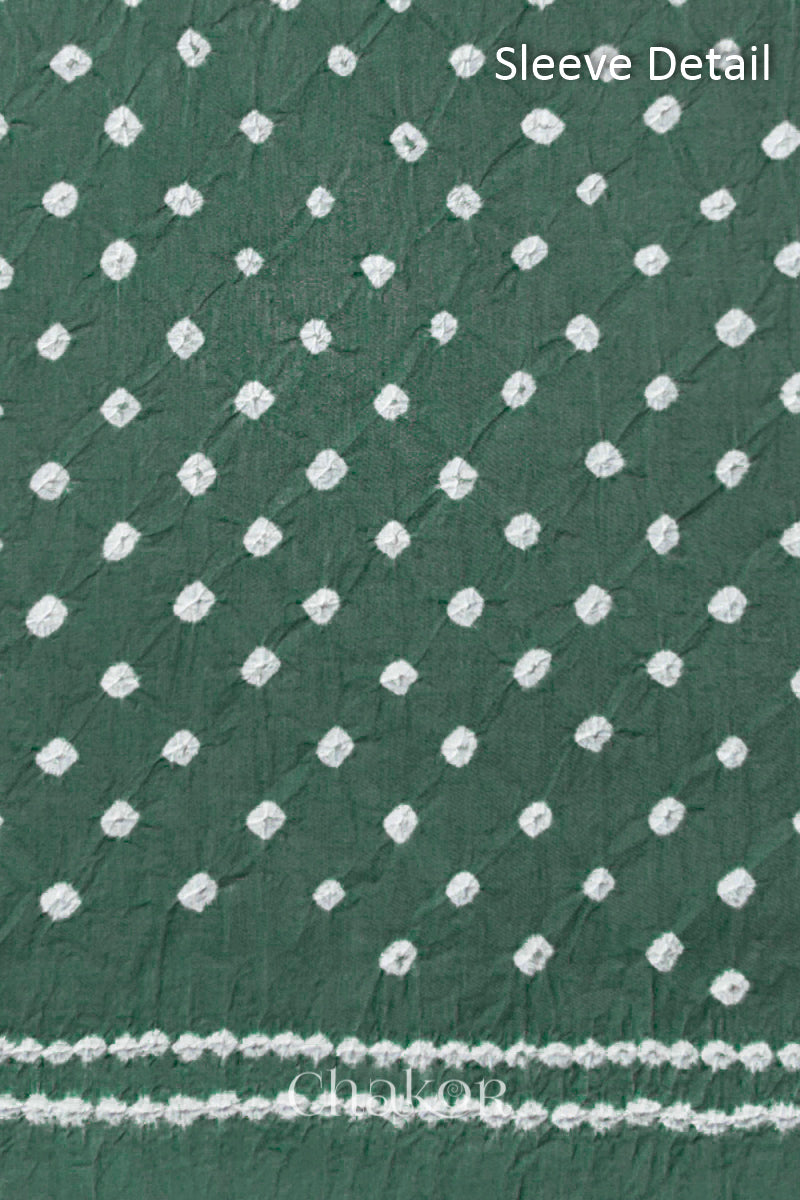 Bandhani dotted sleeve pattern on mercerised cotton fabric with handcrafted tie dye work.
