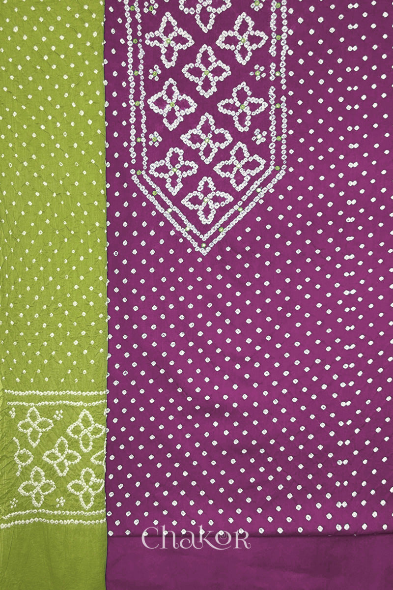 Mauve Bandhani cotton kurta fabric with matching bottom and Lime Green Bandhani dupatta.
