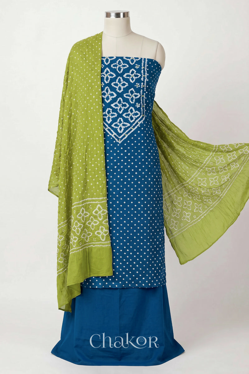Indigo Blue Kutch Bandhani cotton unstitched suit set, mirror work kurta with Lime Green mulmul cotton dupatta.
