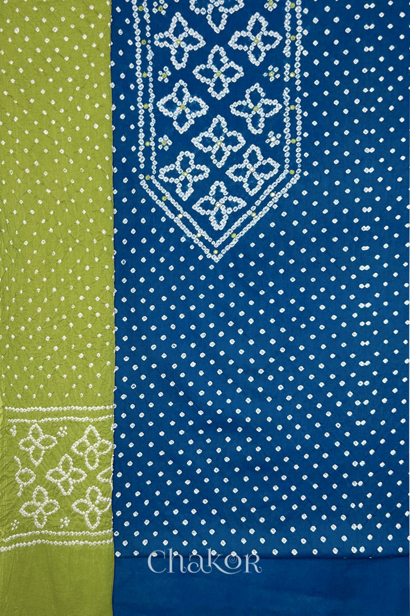 Indigo Blue Bandhani cotton kurta fabric with matching bottom and Lime Green Bandhani dupatta.
