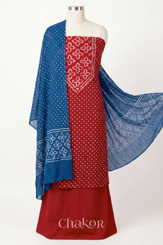 Red Kutch Bandhani cotton unstitched suit set, mirror work kurta with Indigo Blue mulmul cotton dupatta.
