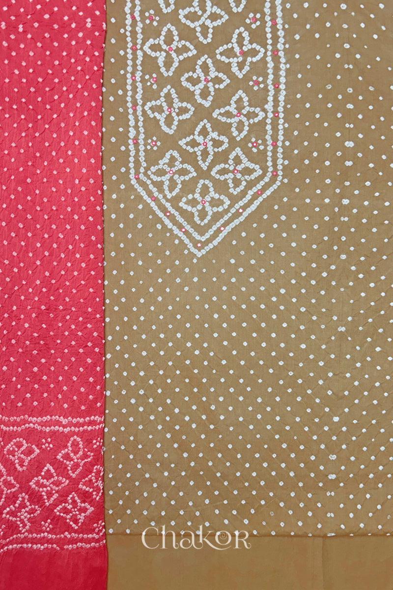 Beige Bandhani cotton kurta fabric with matching bottom and Coral pink Bandhani dupatta.
