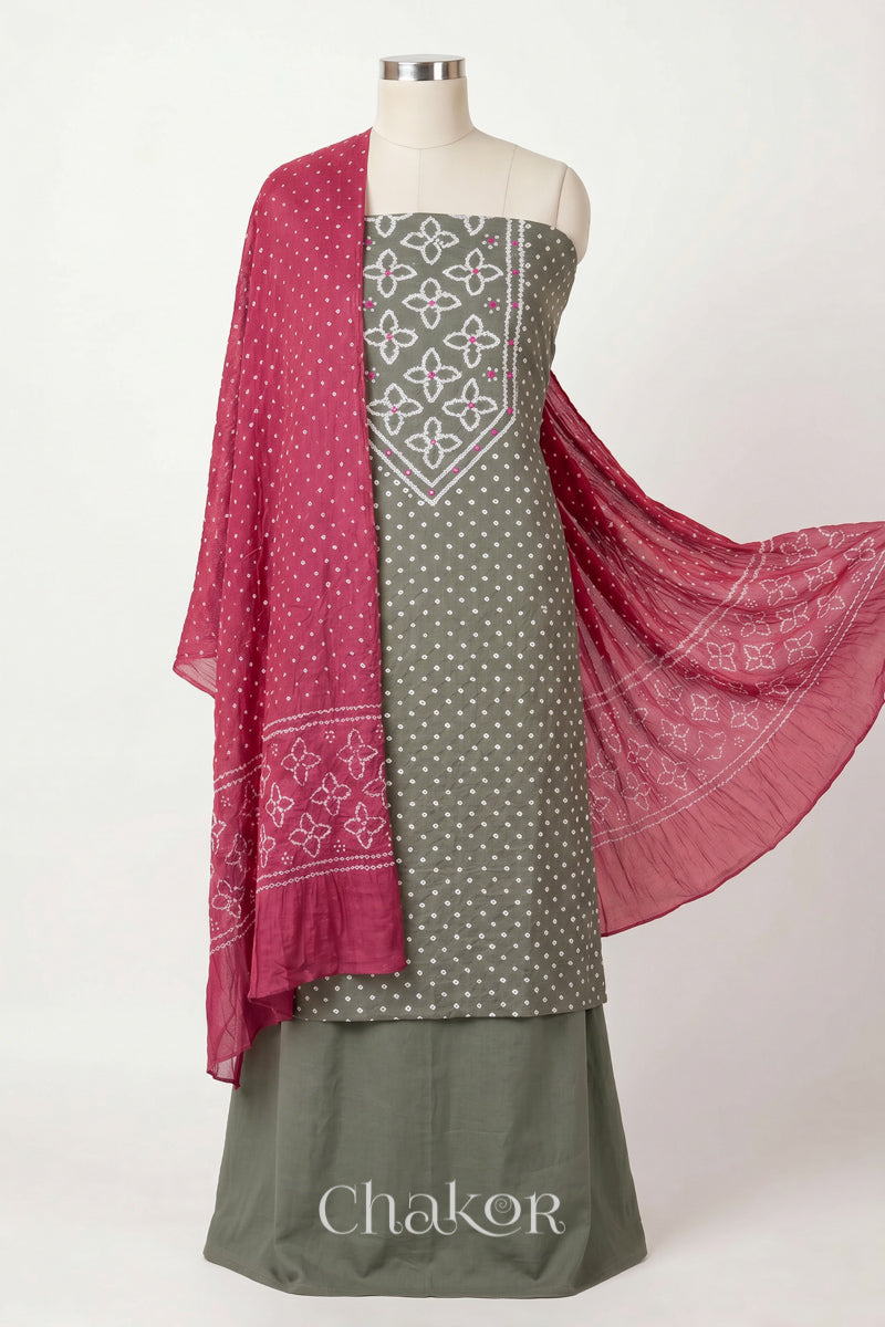 Grey Kutch Bandhani cotton unstitched suit set, mirror work kurta with Rose Pink mulmul cotton dupatta.
