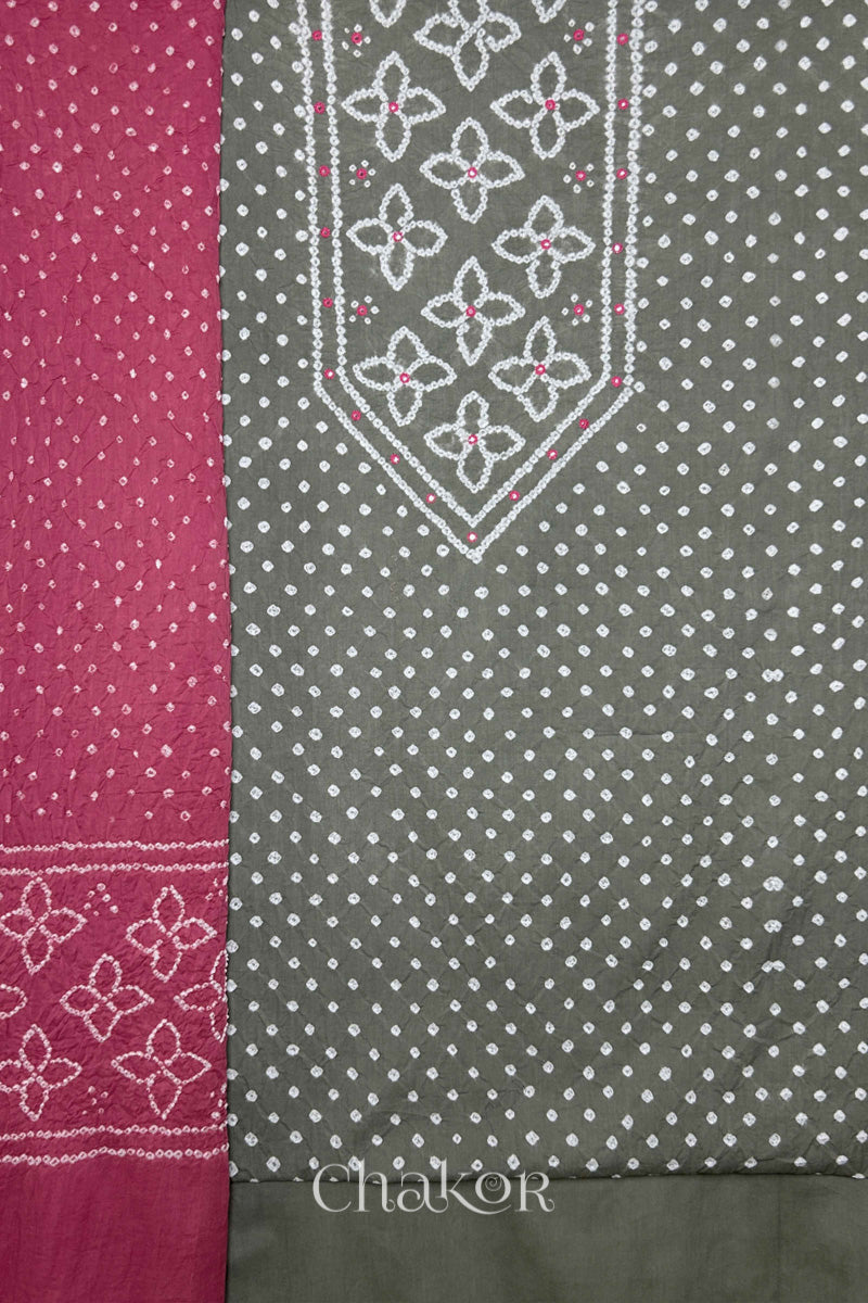 Grey Bandhani cotton kurta fabric with matching bottom and Rose Pink Bandhani dupatta.
