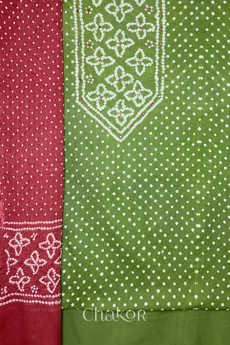 Green Bandhani cotton kurta fabric with matching bottom and Dusty Red Bandhani dupatta.
