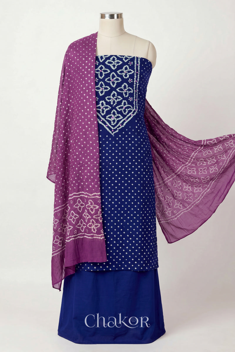 Navy Blue Kutch Bandhani cotton unstitched suit set, mirror work kurta with Mauve mulmul cotton dupatta.
