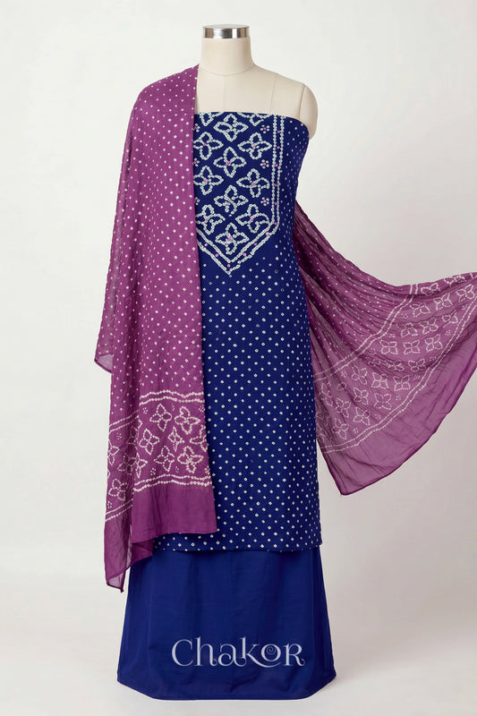 Navy Blue Kutch Bandhani cotton unstitched suit set, mirror work kurta with Mauve mulmul cotton dupatta.

