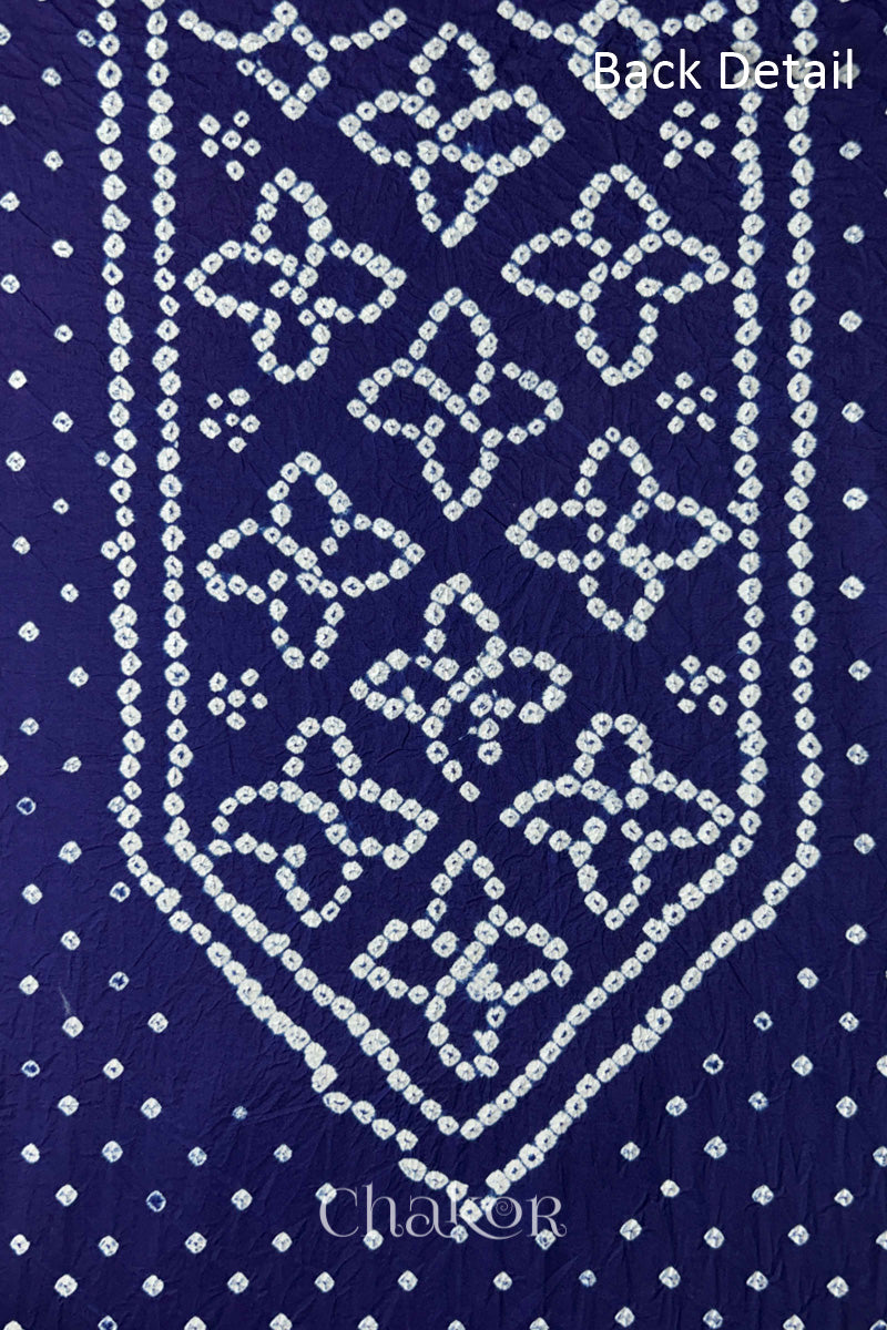 Back yoke detail featuring traditional Bandhani floral motifs on Navy Blue cotton fabric.
