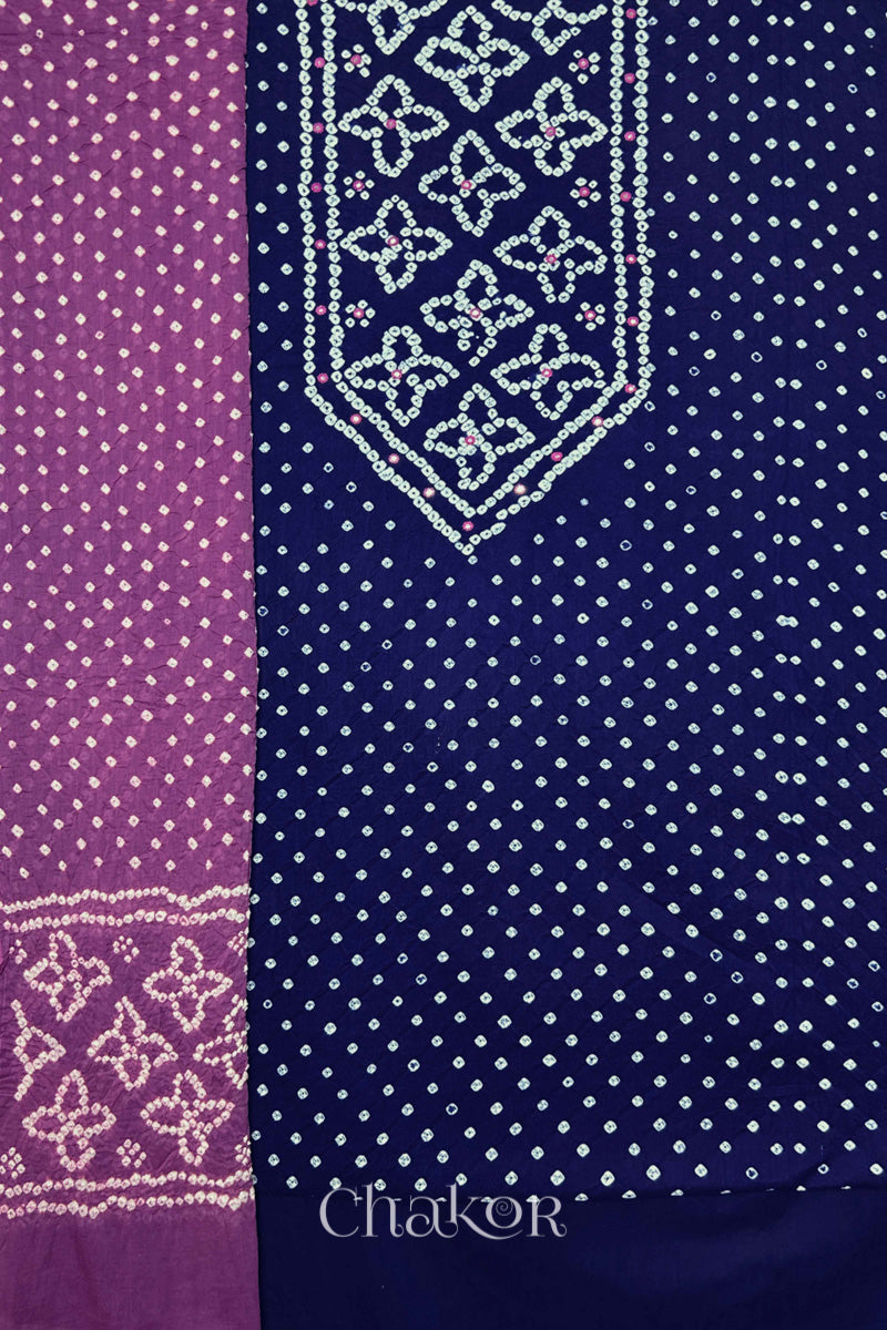 Navy Blue Bandhani cotton kurta fabric with matching bottom and Mauve Bandhani dupatta.
