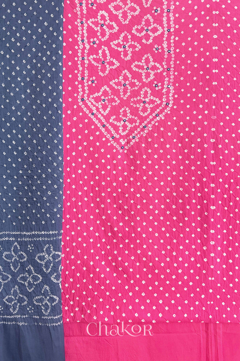 Pink Bandhani cotton kurta fabric with matching bottom and Grey Bandhani dupatta.
