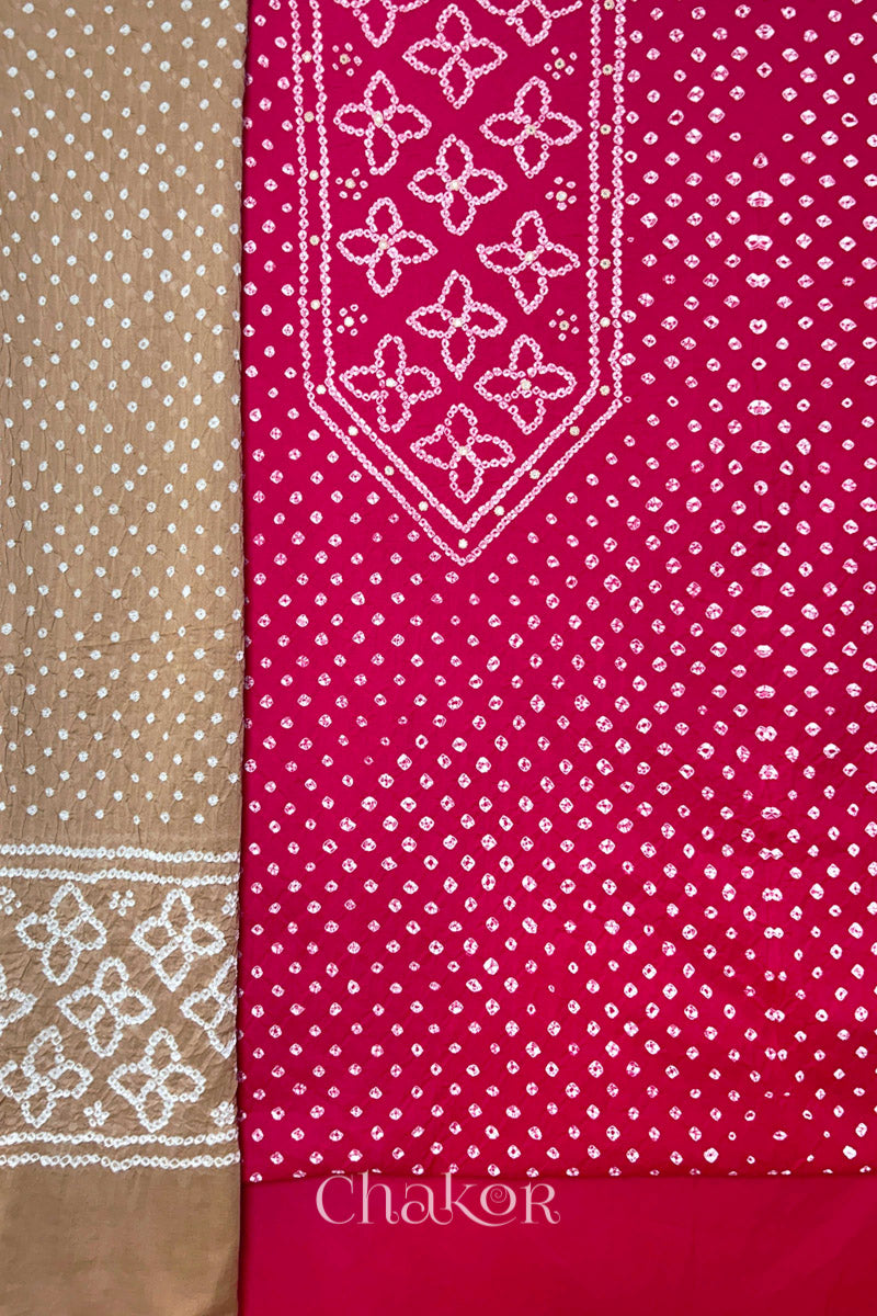 Strawberry Pink Bandhani cotton kurta fabric with matching bottom and Beige Bandhani dupatta.
