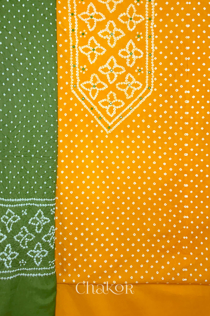 Yellow Bandhani cotton kurta fabric with matching bottom and Green Bandhani dupatta.
