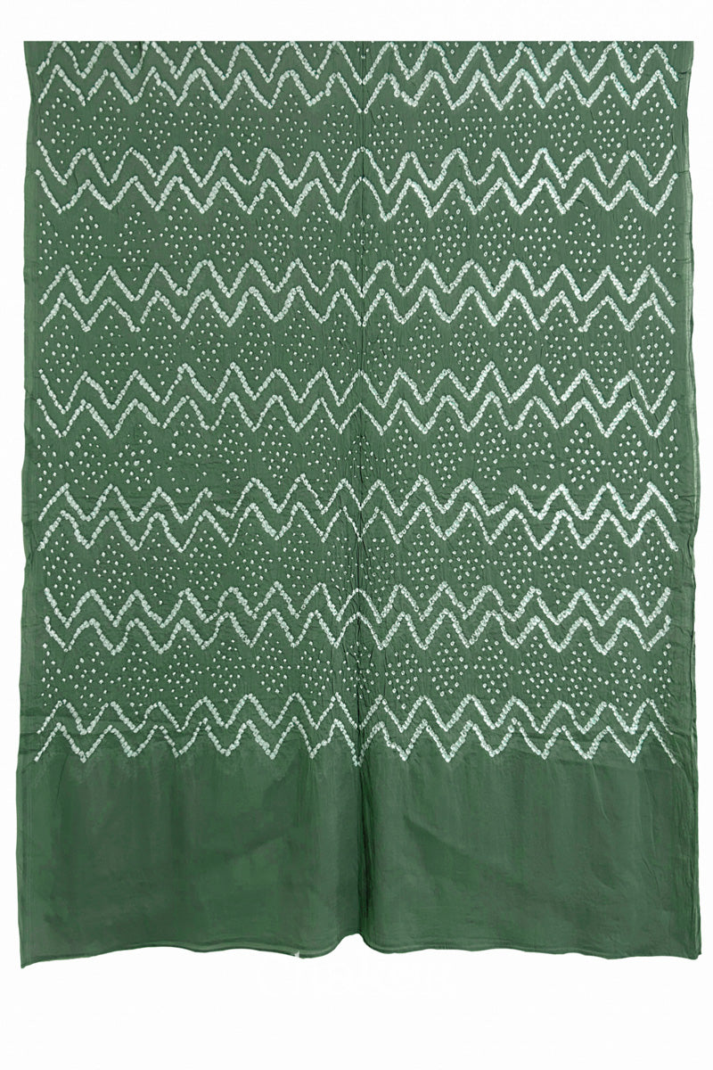 Full view of the moss green dupatta from the kurta set with intricate zigzag bandhani patterns, with Chakor logo. The design showcases artisanal craftsmanship.