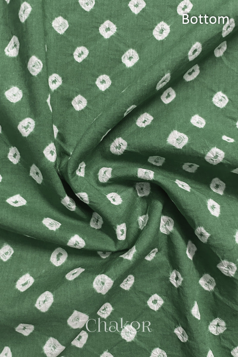 Close-up of moss green fabric featuring bandhani pattern of white dots, showcasing the textile's texture and design details.Text reads bottom details.