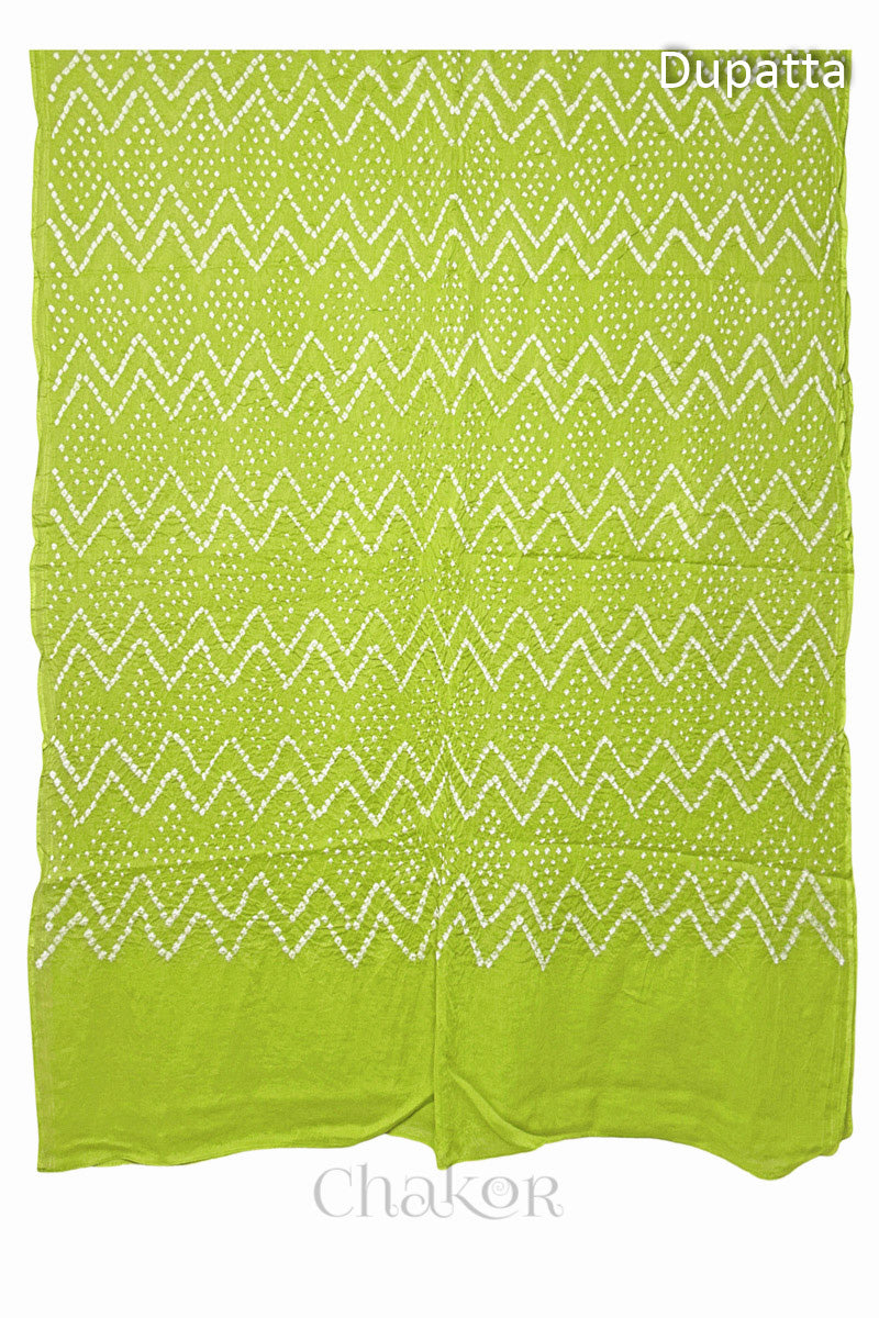 Full view of the lime green dupatta from the kurta set with intricate zigzag bandhani patterns, with Chakor watermark. The design showcases artisanal craftsmanship.
