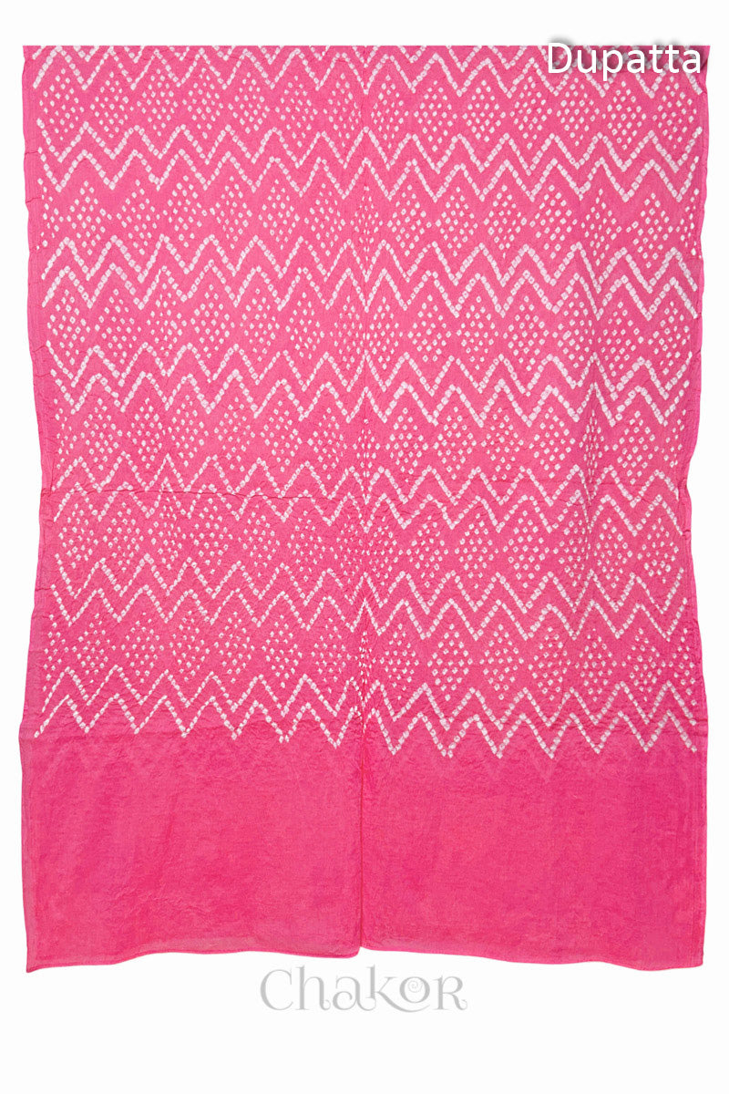 Full view of the pink dupatta from the kurta set with intricate zigzag bandhani patterns, with Chakor watermark. The design showcases artisanal craftsmanship.