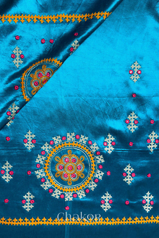 Peacock Blue Mashru Embroidered Blouse Fabric