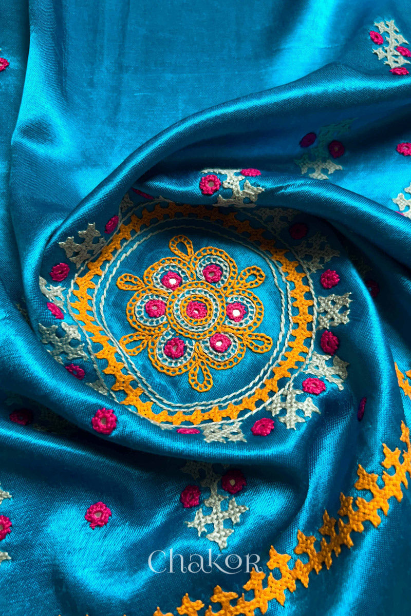 Peacock Blue Mashru Embroidered Blouse Fabric