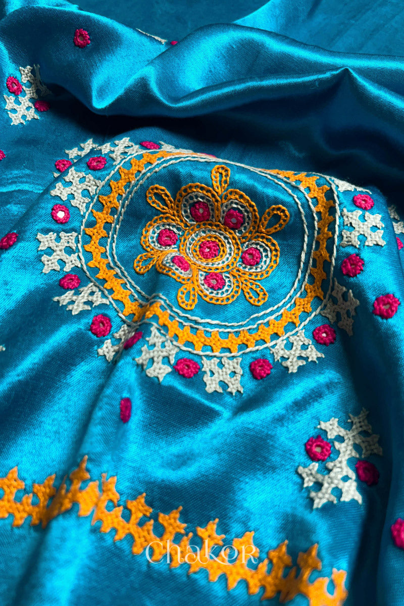 Peacock Blue Mashru Embroidered Blouse Fabric