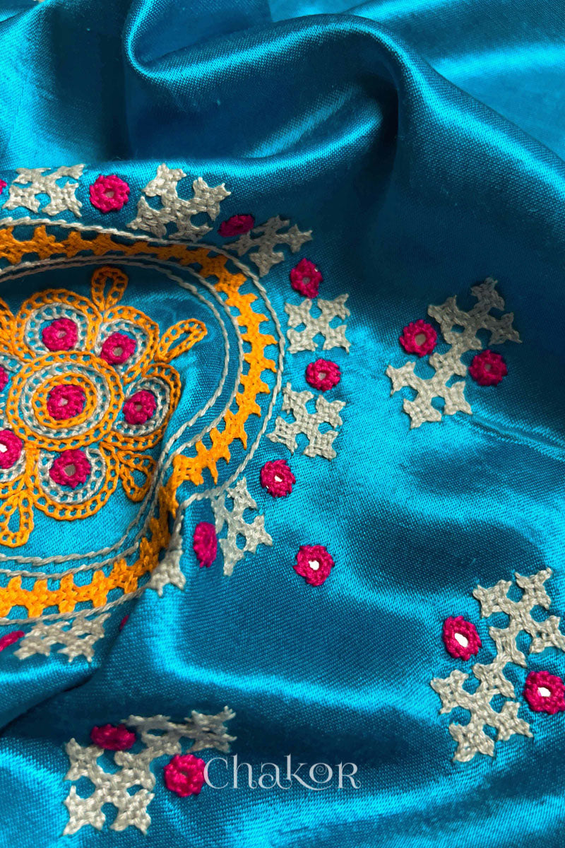 Peacock Blue Mashru Embroidered Blouse Fabric