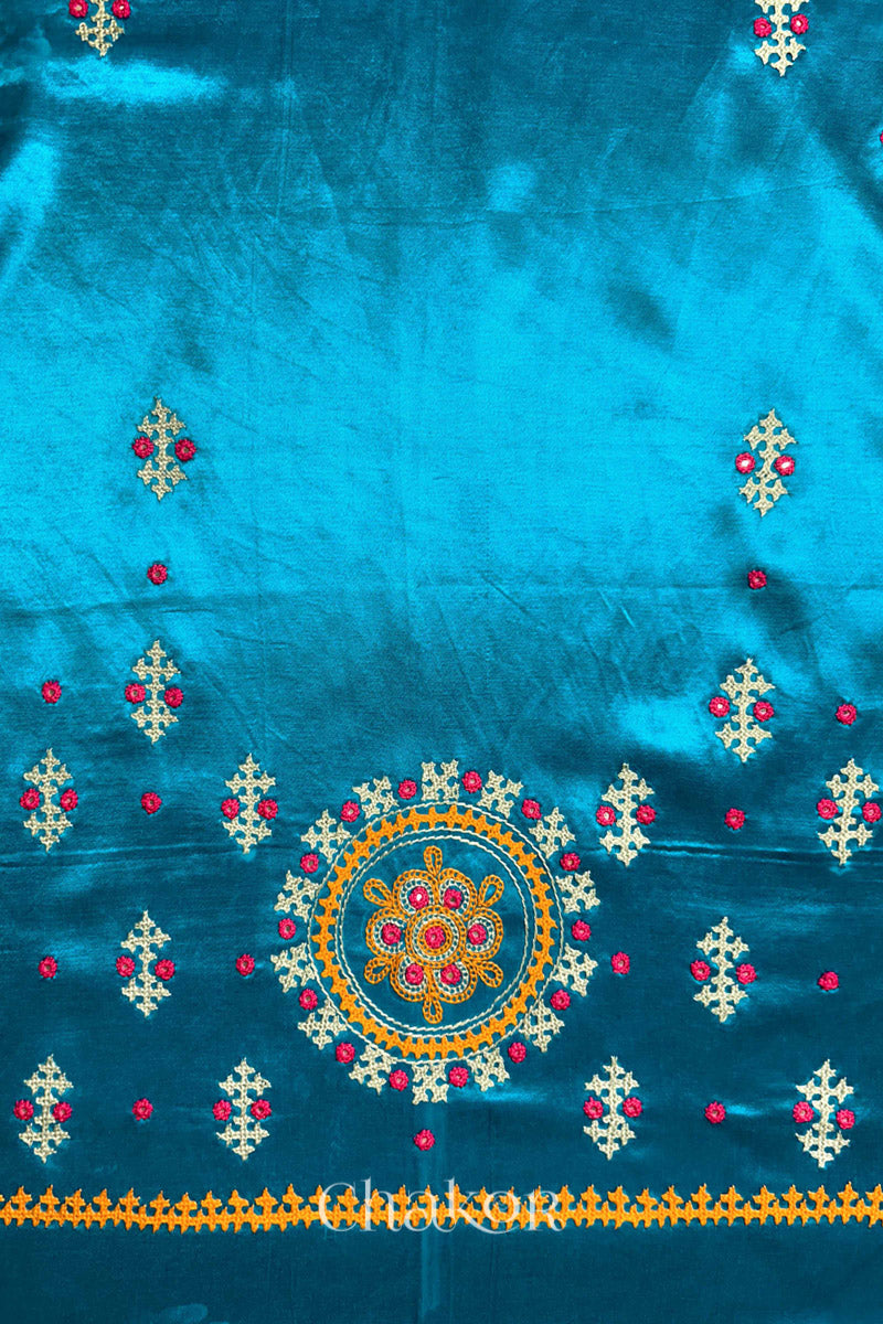 Peacock Blue Mashru Embroidered Blouse Fabric
