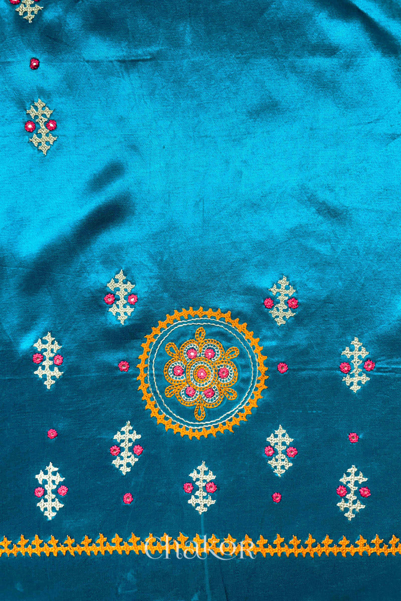 Peacock Blue Mashru Embroidered Blouse Fabric