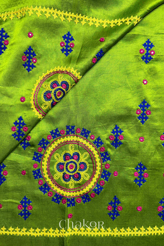Parrot Mashru Embroidered Blouse Fabric