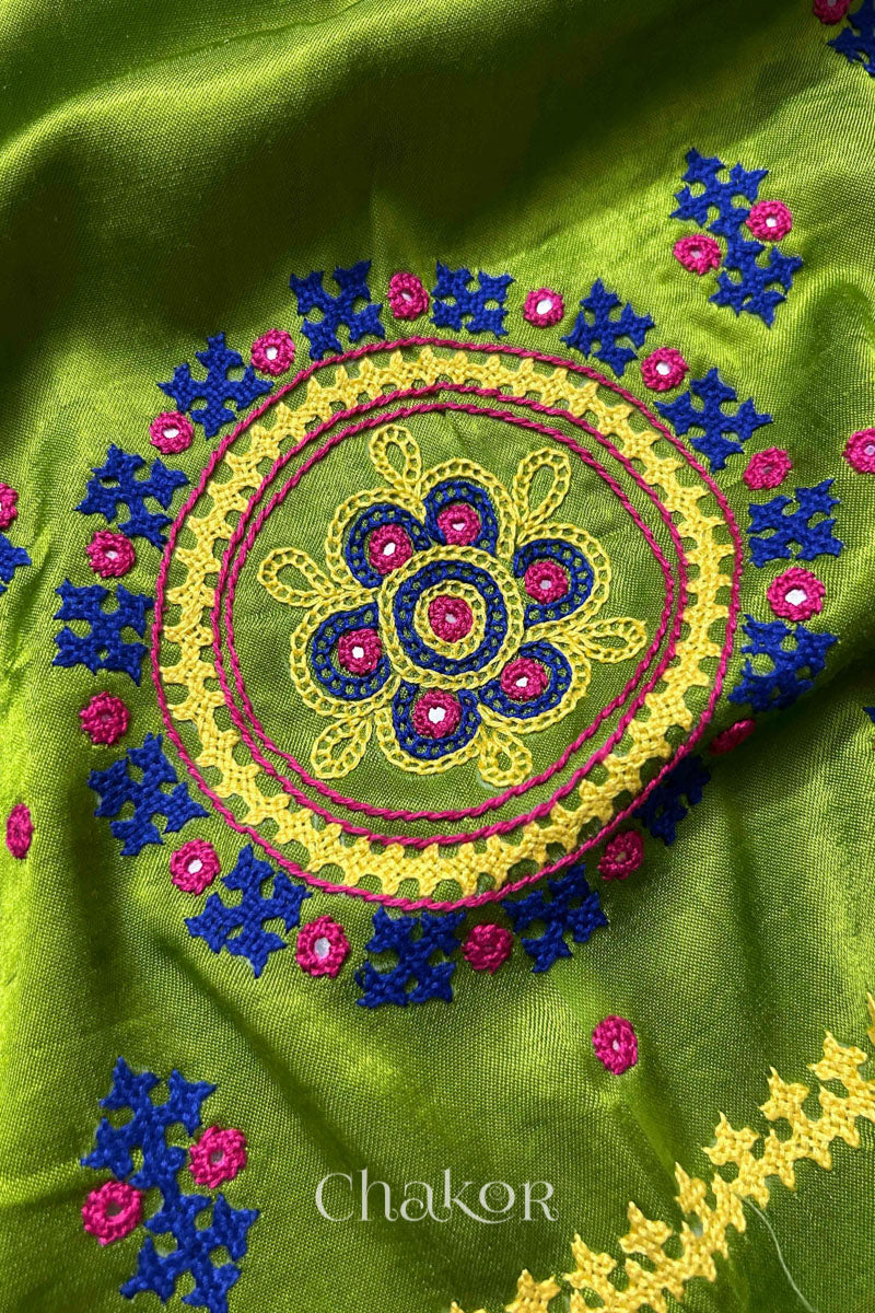 Parrot Mashru Embroidered Blouse Fabric