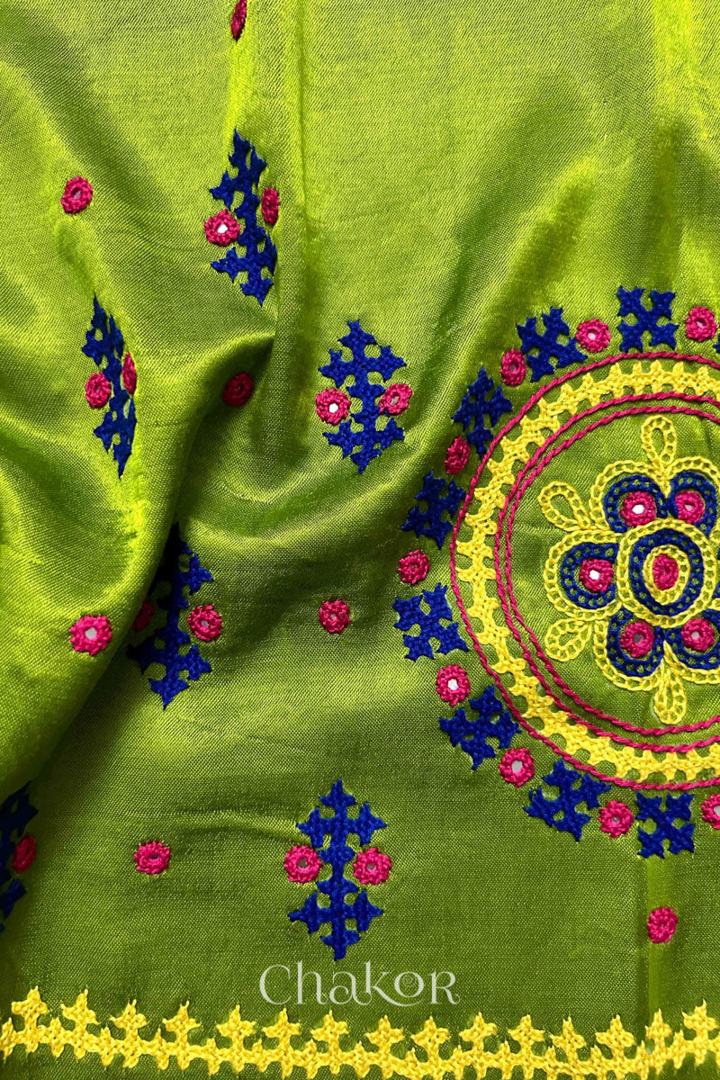 Parrot Mashru Embroidered Blouse Fabric