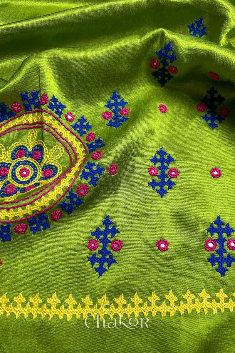 Parrot Mashru Embroidered Blouse Fabric
