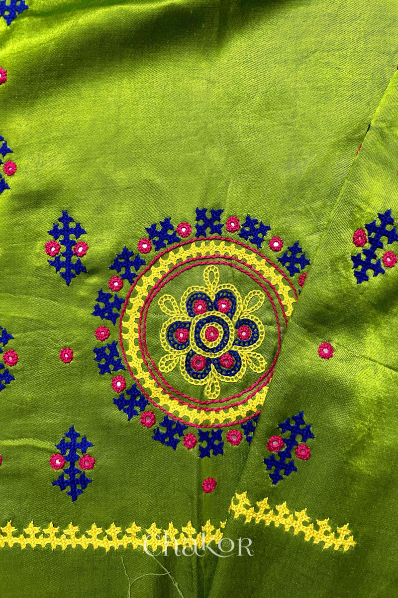 Parrot Mashru Embroidered Blouse Fabric