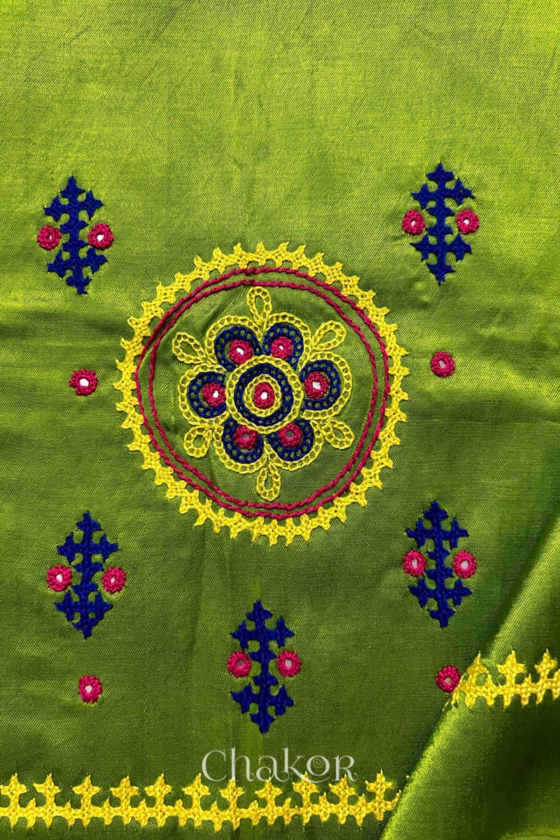 Parrot Mashru Embroidered Blouse Fabric