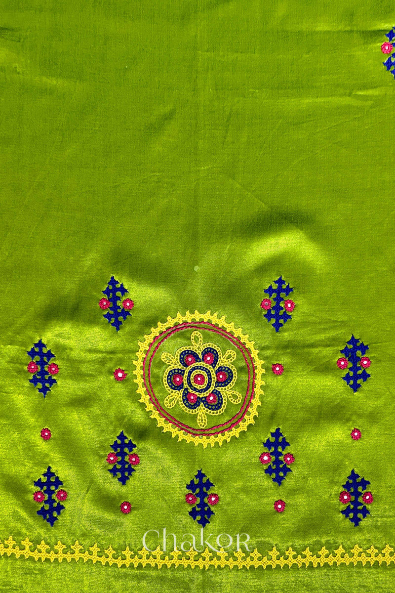 Parrot Mashru Embroidered Blouse Fabric