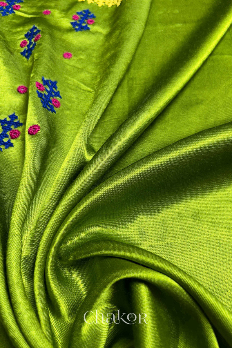 Parrot Mashru Embroidered Blouse Fabric