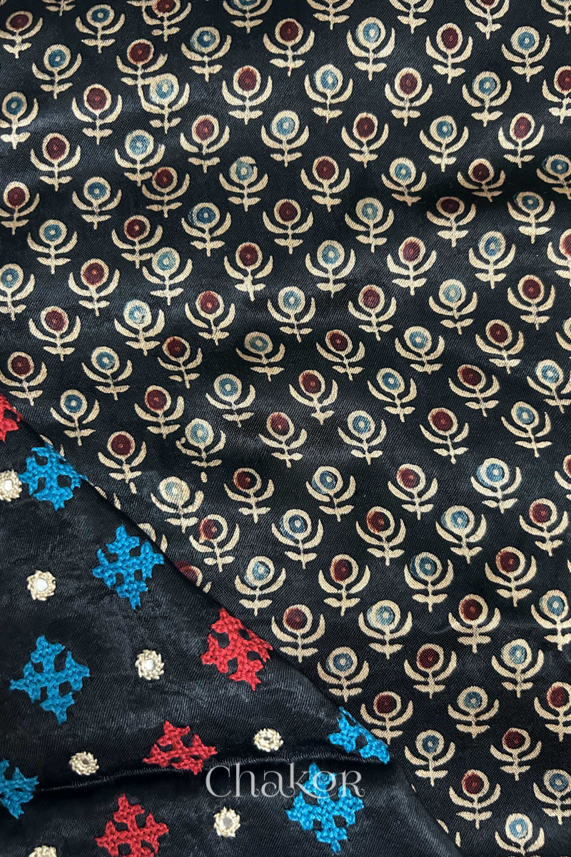 Natural dyed black Ajrakh printed Mashru silk-cotton blouse material with  Traditional Kutch hand embroidery and mirror work.