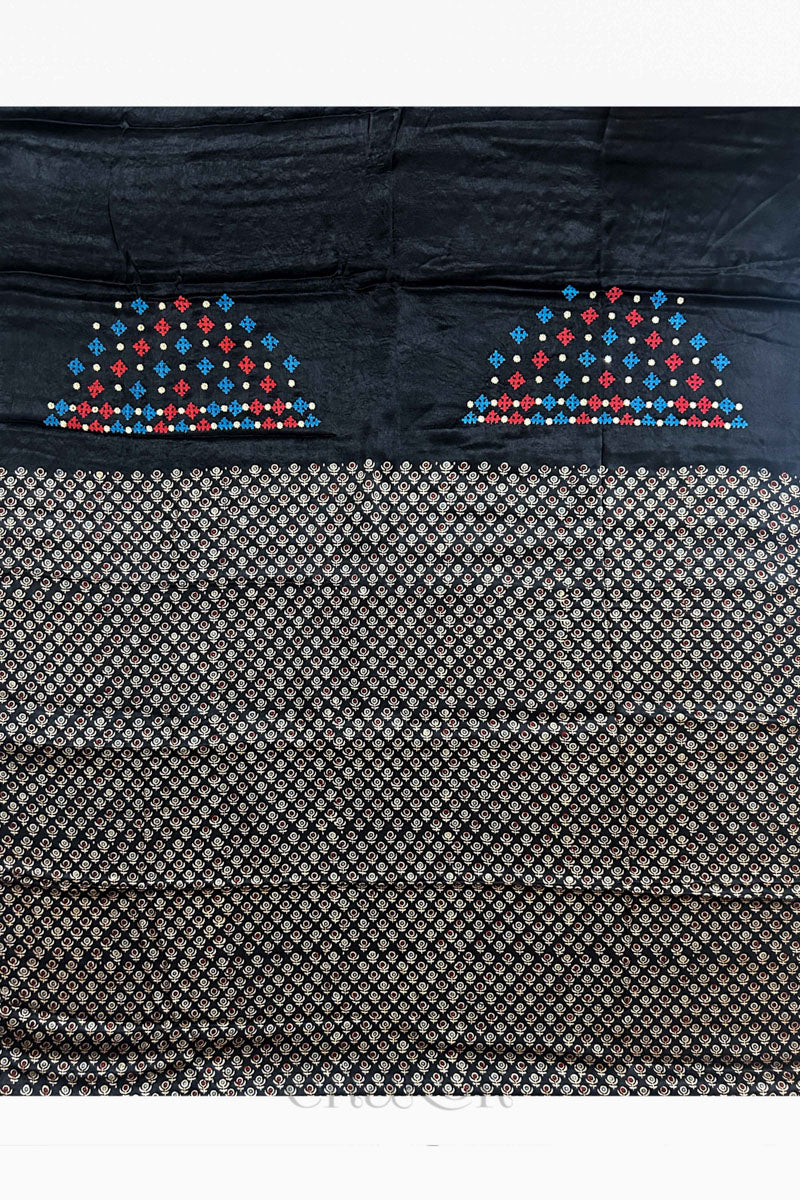 Natural dyed black Ajrakh printed Mashru silk-cotton blouse material with  Traditional Kutch hand embroidery and mirror work for sleeves.