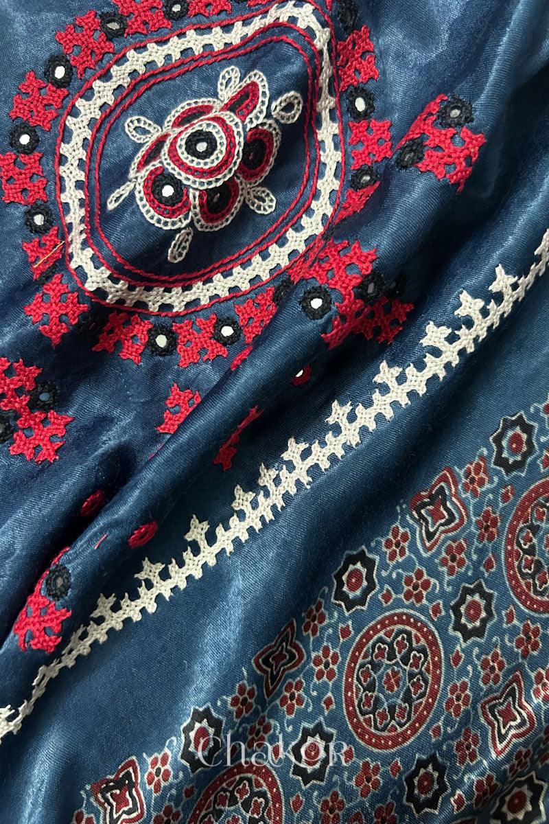 Natural dyed indigo Ajrakh printed Mashru silk-cotton blouse material with  Traditional Kutch hand embroidery and mirror work for sleeves.