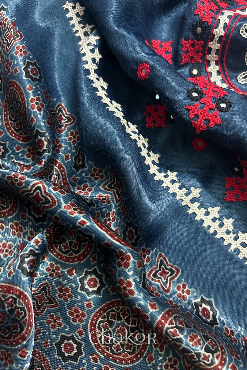 Natural dyed indigo Ajrakh printed Mashru silk-cotton blouse material with  Traditional Kutch hand embroidery and mirror work for sleeves.