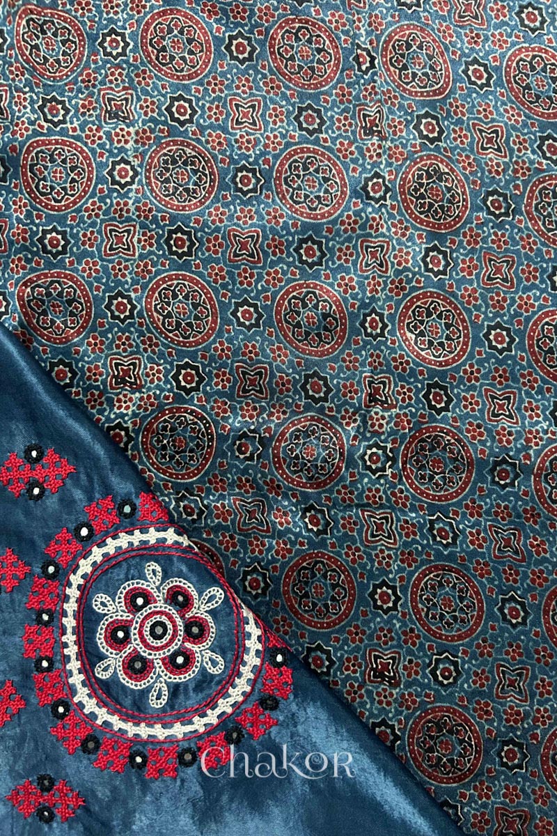 Natural dyed indigo Ajrakh printed Mashru silk-cotton blouse material with  Traditional Kutch hand embroidery and mirror work for sleeves.